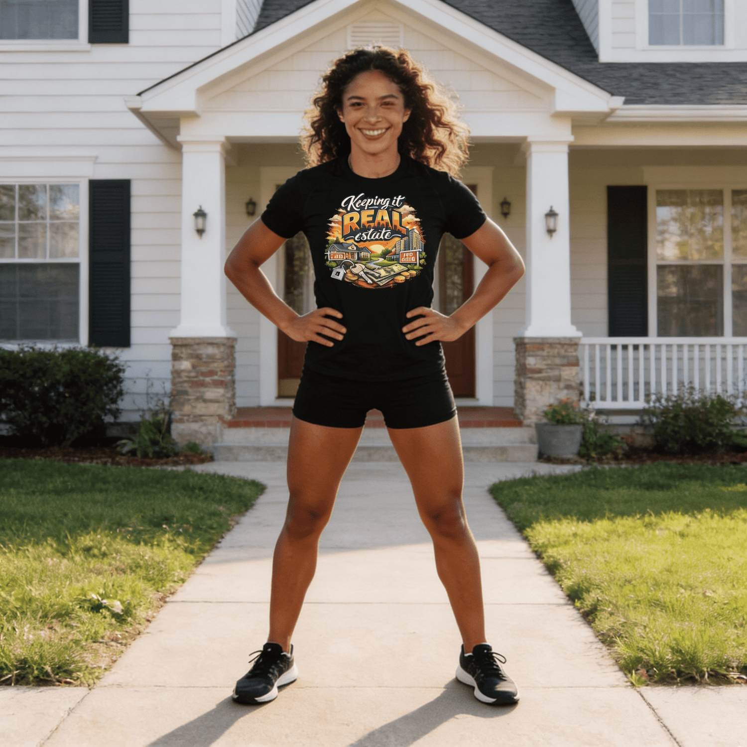 Woman standing on a sidewalk in front of a house wearing a black t-shirt with a Keeping Real Estate design